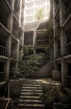 an abandoned building with stairs leading up to the second floor and trees growing out of it