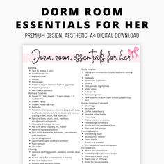 the dorm room essentials for her printable list is shown in pink and white