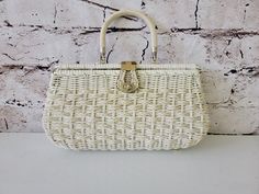 "Vintage Princess Charming Woven Wicker Purse Handbag By Atlas Hollywood 8\" x 14\"" Vintage White Rectangular Bag, White Vintage Rectangular Bag, White Rectangular Vintage Bag, Vintage White Handheld Shoulder Bag, Vintage White Top Handle Shoulder Bag, Vintage White Bag With Detachable Handle, Vintage White Shoulder Satchel, Vintage White Satchel With Handles, White Bags For Formal Summer Occasions