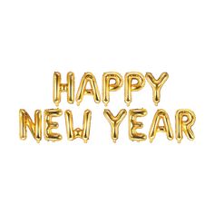 the words happy new year written in gold foil balloons