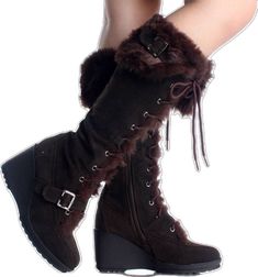 Winter Heels Boots, Brown Winter Shoes, Boot Wedges, Outfit Ideas With Boots, Wedge Winter Boots, Ugg Ugg, Boots For Winter, Boots With Fur, Dr Shoes