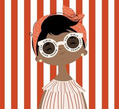 an illustration of a girl with sunglasses and a bow in front of striped wallpaper