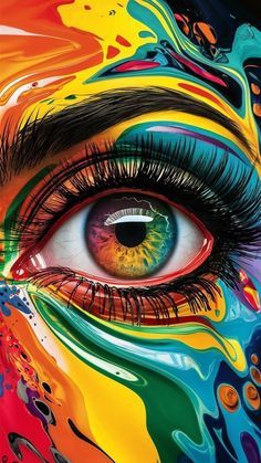 an eye painted with multicolors is shown in this artistic painting by the artist