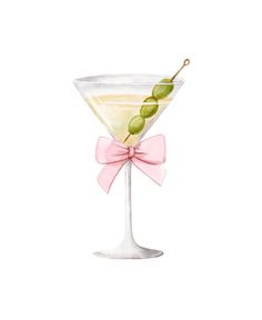 a watercolor painting of a martini glass with olives in it and a pink bow