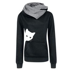 a black hoodie with a white cat on the front and grey lining around the neck