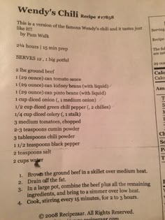 the menu for wendy's chili recipe is shown in black and white, as well as instructions on how to make it