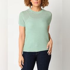 Model Is 5'8" And Wearing Us Small Alpha Size Numeric Size Bust M 8-10 36½"-37½" Mint Green True To Size Medium Nwt Green Textured Knit Cotton Tops, Stretch Pointelle Knit Tops For Workwear, Crew Neck Pointelle Knit Top, Spring Pointelle Knit Crew Neck Top, Pointelle Knit Crew Neck Top, Green Pointelle Knit Tops For Layering, Spring Textured Knit Crew Neck Tops, Green Knit Top For Layering, Green Cotton Pointelle Knit Top