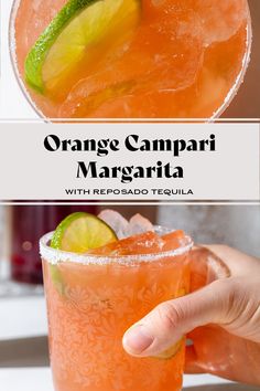 orange campari margarita with reposado tequila and lime garnish on the rim