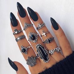 Nails And Rings, Black Ring Set, Crescent Ring, Rose Gold Ring Set, Midi Ring Set, Black Opal Stone, Ring Sets Boho, Wedding Bride Jewelry, Punk Accessories