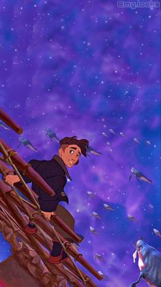 an animated character standing on top of a wooden structure in front of a sky filled with stars