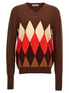 Cashmere sweater with 'Argyle' pattern, V-neck, long cuffed sleeves. Composition: 100% cashmere Argyle Pattern, Sweater Brown, Argyle Sweater, Knitwear Men, Knitwear Tops, Brown Sweater, Engineered Garments, Trouser Jeans, Blouse Dress