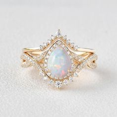 Lab Opal & Moissanite Yellow Gold Ring Set 2pcs - Felicegals Opal Wedding Ring Set, Opal Promise Ring, Opal Engagement Ring Set, Rose Gold Ring Set, Engagement Gifts For Her, Promise Ring Set, Opal Engagement Ring, Opal Wedding, Opal Wedding Rings