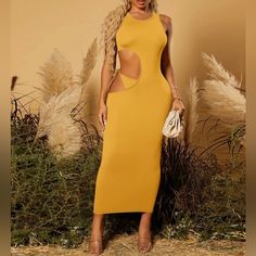 Shein Bodycon Dress Mustard Yellow Dress Side Opening Slip On Two Piece Outfits Skirt, White Two Piece Outfit, Shein Bodycon Dress, Mustard Yellow Dresses, Skirt And Top Set, Birthday Outfits, Shein Dress, Crop Top Skirt, Bodycon Maxi Dresses