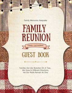 the family reunion guest book is displayed on a wooden table with plaid cloth and lights