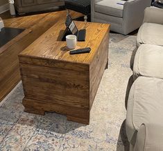 a living room filled with furniture and a coffee table in front of a tv set