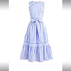 Blue And White Stripes. Tie Waist Sash. Sleeveless. A Line. Sundress. Flattering. Cotton. Light Blue Sleeveless Dress For Workwear, Blue Cotton Sleeveless Dress For Day Out, Sleeveless Light Blue Midi Dress For Day Out, Blue A-line Sleeveless Dress For Daywear, Elegant Blue Sleeveless Cotton Dress, Blue Cotton Sleeveless Dress For Work, Light Blue Sleeveless Daywear Dress, Chic Blue Sleeveless Dress For Daywear, Light Blue Sleeveless Dress For Daywear