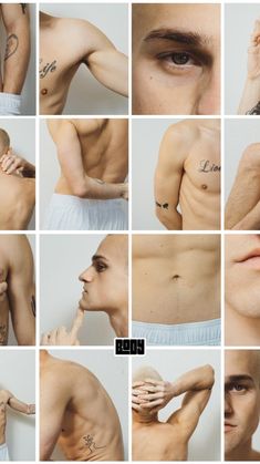 many different pictures of the same man with tattoos on his chest and shoulder, all in various poses