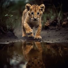 a young lion cub walking across a puddle