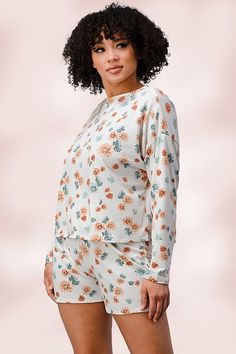 French Terry Daisy Floral Short Lounge Set S: 4-6 M: 8-10 L: 10-12 Long Sleeve Sleep Tops For Spring, Spring Long Sleeve Sleep Tops, Long Sleeve Tops For Spring Sleep, Floral Print Relaxed Fit Tops For Loungewear, Floral Print Loungewear Tops For Fall, Floral Print Relaxed Fit Sleep Top, Long Sleeve Tops For Spring Lounging, Floral Print Tops For Fall Loungewear, Fitted Tops For Sleep In Spring