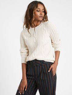 Chunky Cable-Knit Sweater | Banana Republic Cotton Cable Knit Sweater For Work, Cozy Cotton Chunky Knit Sweater, Cozy Cable Knit Sweater For Work, Knit Sweater Outfit Fall, Knitted Top Outfit, Winter Sweater Outfits, Knit Sweater Outfit, Sweater Outfits Fall, Chunky Cable Knit Sweater