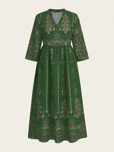 Women Floral Print V-Neck Long Sleeve Loose Long Dress Dark Green Boho  Three Quarter Length Sleeve Woven Fabric Tribal,All Over Print,Textured Pattern A Line Non-Stretch  Women Clothing, size features are:Bust: ,Length: ,Sleeve Length: Black Dress Halloween Costume, Dark Green Boho, Dresses Business Casual, Loose Long Dress, Long Sleeve Dresses Fall, Ladylike Dress, Black Women Dress, Black Homecoming Dress, Dress Halloween Costume