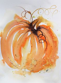 an orange pumpkin painted with watercolors on white paper