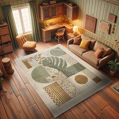 a living room filled with furniture and decor on top of hard wood floored floors