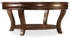 a round wooden table with two drawers on one side and an oval shelf on the other