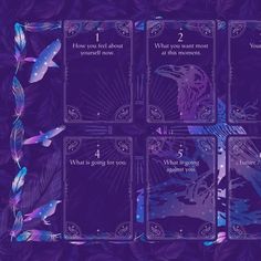 four cards with blue and purple feathers on them, one has an image of a bird