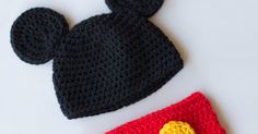 a crocheted mickey mouse hat next to a crocheted red and yellow square