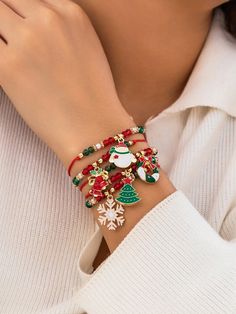 5pcs/Set Personalized Christmas Santa Claus & Snowflake Shaped Pendant Bracelet Jewelry Set, Christmas Gift Multicolor    Artificial Crystal     Women Fashion Jewelry, size features are:Bust: ,Length: ,Sleeve Length: Christmas Beaded Bracelets For Kids, Xmas Bracelets, Christmas Beaded Jewelry, Christmas Party Themes, Snowflake Shape, Christmas Bracelet, Christmas Accessories, Watches Women Fashion, Elastic Bracelet