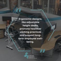 an office cubicle with desks and computer screens on the wall that says ergonomic designs, like adjustableable height desks, promote healthier working practices and support long term employee well