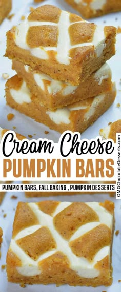 cream cheese pumpkin bars stacked on top of each other