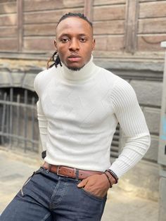 Modern White Winter Sweater, Modern Fitted White Sweater, Modern Fitted Sweater With Ribbed Collar, Modern Fitted Sweater For Winter, Patterned Turtleneck, Modern Men, Modern Knitting, Fitted Turtleneck, Men Fashion Casual Outfits