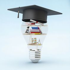 a light bulb with a graduation cap on top and books stacked in it's bottom