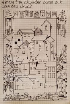 a drawing of a town with buildings and trees on it, in the middle of a notebook