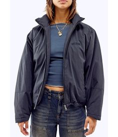 From BDG Urban Outfitters&#x2C; this jacket features:Funnel necklineLong sleevesZip-front closurePolyester/cottonMachine wash/tumble dryImported. Urban Fall Track Jacket With Zipper Closure, Cute Rain Jacket, Urban Outfitters Long Sleeve, Bdg Urban Outfitters, Oversized Denim Jacket, Oui Oui, Cargo Jeans, Dillard's, Ripped Jeans