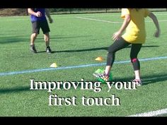 two people playing soccer on a field with the caption, improve your first touch