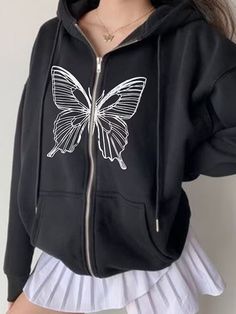 Vintage Butterfly Print Zip Up Oversized Hoodie Oversized Sweatshirt With Drawstring Hood For Spring, Oversized Casual Hoodie For Spring, Casual Streetwear Hoodie For Spring, Casual Spring Hoodie For Streetwear, Casual Spring Streetwear Hoodie, Spring Letter Print Hoodie Outerwear, Spring Oversized Long Sleeve Hoodie, Casual Spring Hoodie With Letter Print, Casual Hooded Sweatshirt For Spring