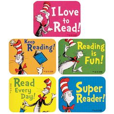 the cat in the hat coasters are set of four, each with an image of dr seuss reading