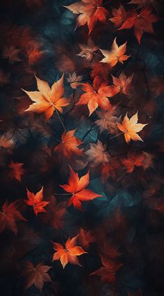 an abstract painting of autumn leaves on a black background