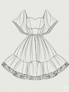 a drawing of a dress with ruffles on the bottom and sleeves, drawn in pencil