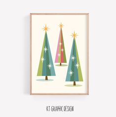 three christmas trees with stars on them are shown in a wooden frame, against a white background