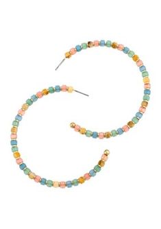 Add a pop of pizzazz to any outfit with these multicolored beaded hoops. | Wonderly Gold Tone Multicolored Beaded Post Hoop Earrings Multicolor Beaded Hoop Jewelry, Trendy Hoop Beaded Earrings With Colorful Beads, Multicolor Small Hoop Jewelry For Spring, Multicolor Bohemian Hoop Earrings For Spring, Multicolor Hoop Earrings With Tiny Beads, Multicolor Small Hoop Jewelry With Spacer Beads, Trendy Multicolor Beaded Earrings With Tiny Beads, Multicolor Beaded Jewelry For Spring, Spring Multicolor Jewelry With Tiny Beads