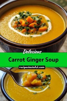 carrot ginger soup in a bowl with a spoon full of it and the title below