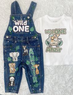 Custom Safari Birthday overalls with shirt. Can be made for a BOY or a GIRL as well as ANY CHARACTER or THEME. Production time is now 3-4 WEEKS so please order in a timely manner.  If you need it before 3 WEEKS, a "Rush Order Fee" is REQUIRED & does NOT include shipping. This option is listed on my shop & has to be added to your cart.  Outfits aren't guaranteed to stay intact if washed or dried, so please be mindful of this. This is typically a one time wear outfit. *Please note that no outfit w Wild One Birthday Outfit Boy, Safari Birthday Party Outfit, First Birthday Boy Outfit, Birthday Overalls, Boys Birthday Outfits, Safari Birthday Party, Kids Overalls, Birthday Inspo, Time Is Now