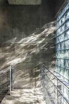 shadows cast on the walls and floor of a concrete building with glass blocked windows