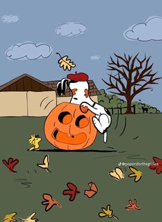 a cartoon dog sitting on top of a pumpkin in the grass with leaves flying around