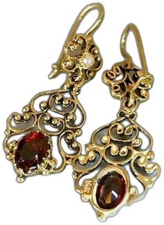 Elegant Yellow Gold Earrings With Historical Design, Elegant Gold Garnet Earrings, Gold Garnet Earrings For Wedding, Elegant Pierced Garnet Earrings, Elegant Yellow Gold Garnet Earrings, Green Mermaid, Garnet Earrings, Seed Pearl, Antique Earrings