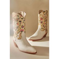 Vibrant Floral Embroidery Flourishes On These Western-Style Boots, Beautifully Constructed In A Lasting Leather For A Bohemian Statement That Is Soon-To-Be An Heirloom Staple. Zip Closure Leather, Silk Upper Leather Insole And Sole Hand Crafted Imported Dimensions 2" Heel Brand New With/ Without Tag Or Box May Have Been Tried In Store But In New / Good Condition Outsole Marked To Prevent Retail Returns Embroidered Closed Toe Summer Boots, Spring Embroidered White Boots, Spring White Embroidered Boots, Spring Floral Embroidered Closed Toe Boots, Spring Floral Embroidery Closed Toe Boots, Traditional Snip Toe Boots For Spring, White Embroidered Pointed Toe Boots, Traditional Embroidered Boots For Spring, Traditional Fitted Boots For Spring